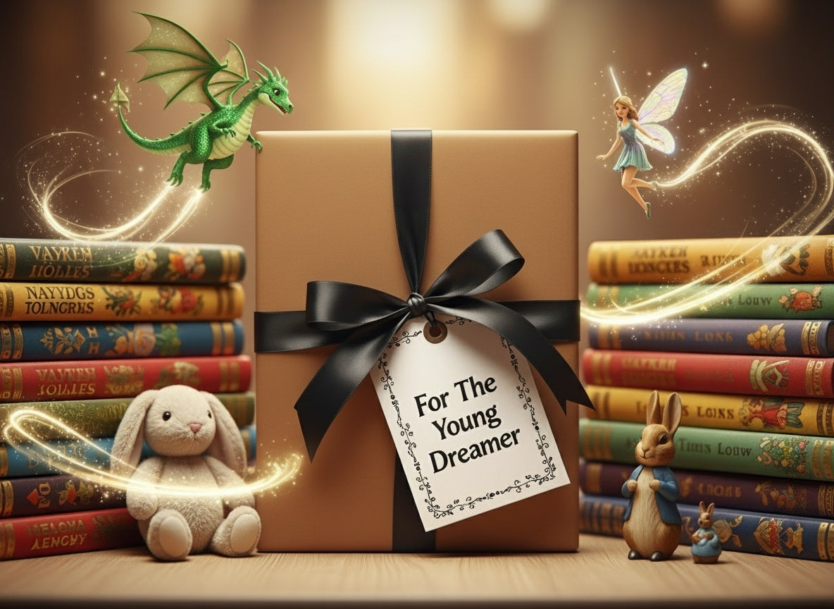 Wrapped children’s book in plain brown paper with black ribbon and a tag reading “For The Young Dreamer,” surrounded by blurred vintage children’s books, Peter Rabbit, a teddy bear, a wooden horse, and magical glowing wisps.