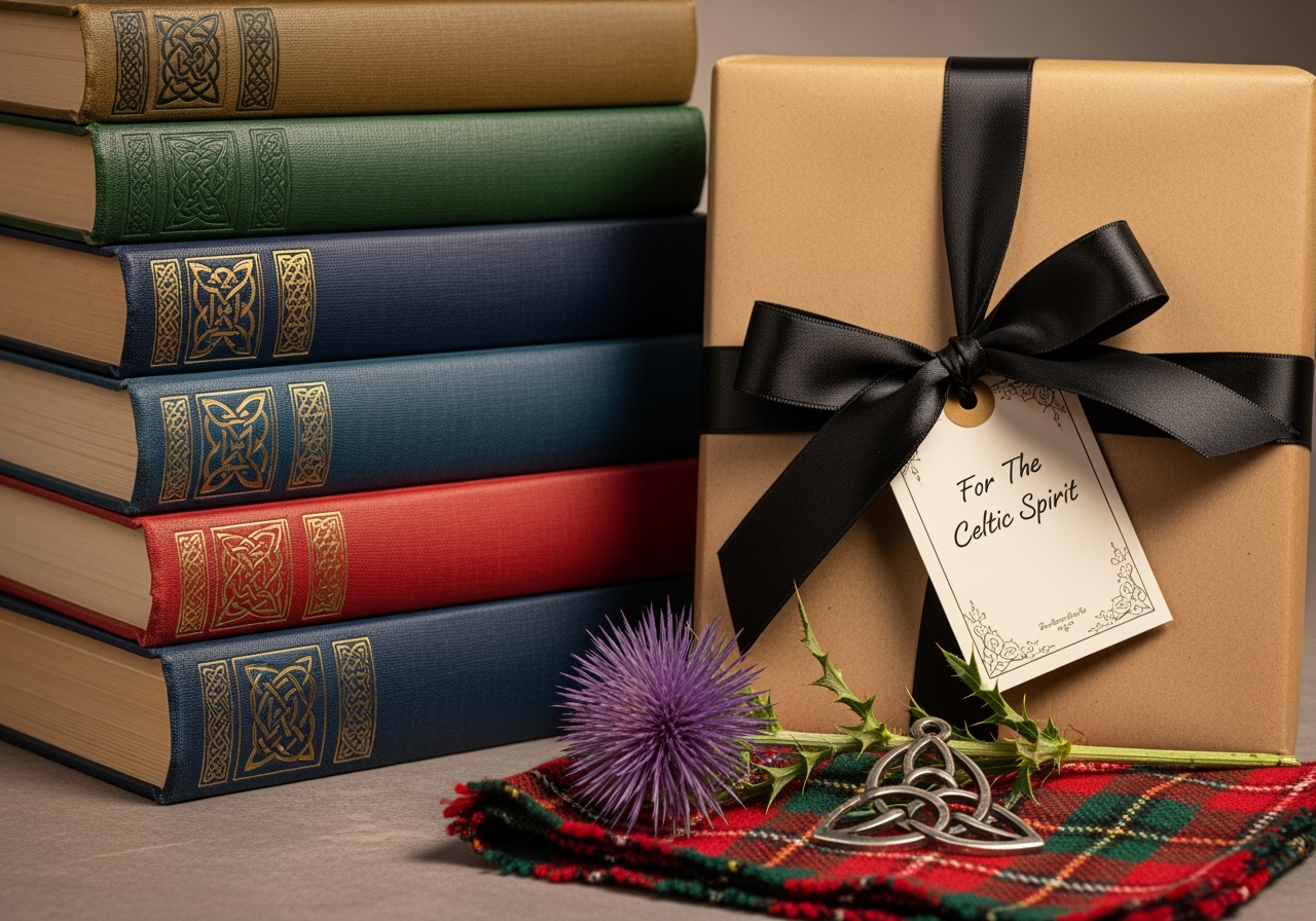 Stack of vintage Scottish books with leather covers and gold embossing, beside a brown paper gift wrapped with black ribbon and tag reading "For The Celtic Spirit," with a map, compass, and Celtic knot.