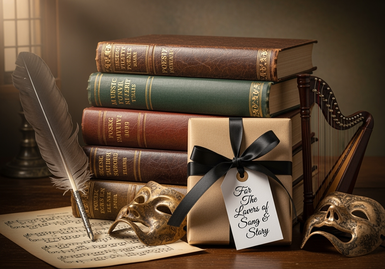 Stack of vintage music, poetry, and play books with richly textured covers, a gift wrapped in brown paper with black ribbon and tag reading "For The Lovers of Song & Story," with a feather quill, sheet music, harp, and theatrical masks.