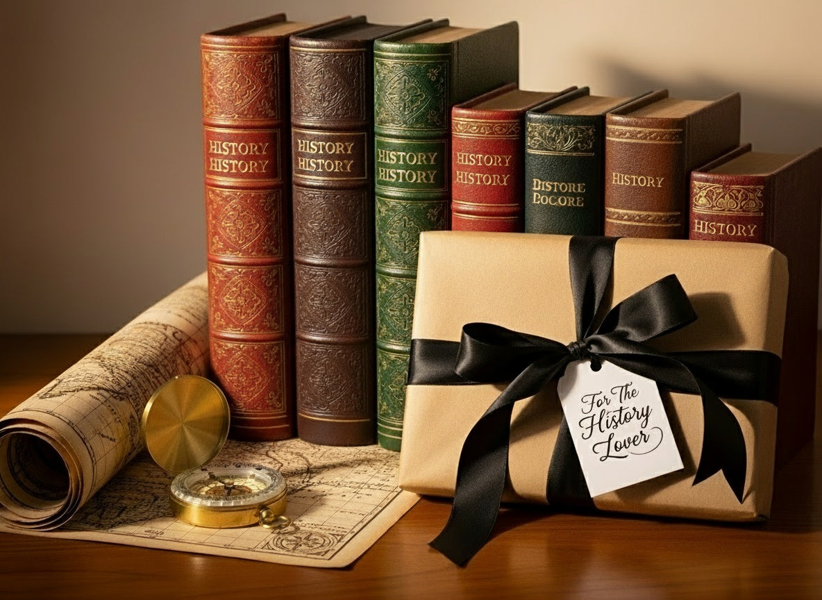 Stack of antique history books with gold-embossed spines, a brown paper gift wrapped with black ribbon and a tag reading "For The History Lover," vintage map, and brass compass in warm lighting.