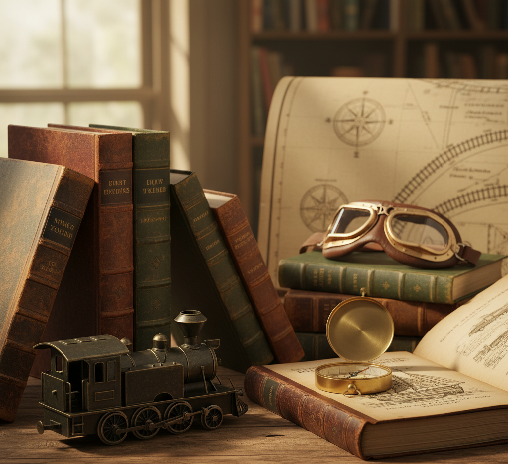 A vintage still life with old transport books, a miniature steam train, aviator goggles, and a brass compass on a wooden table with a faded map.