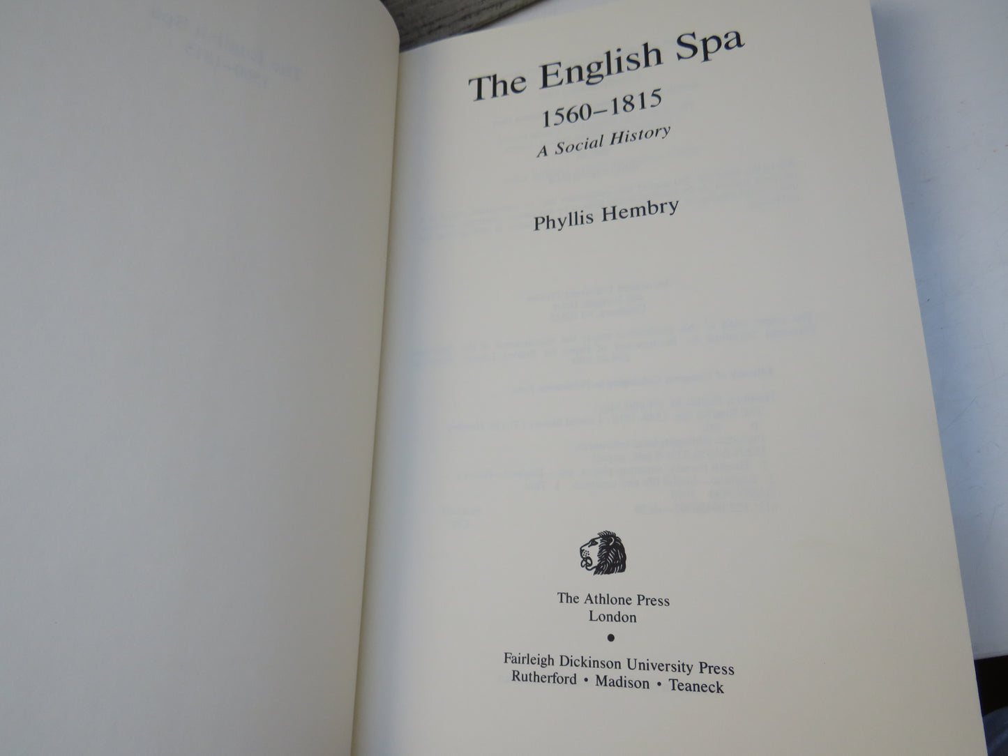 The English Spa 1560-1815 A Social History By Phyllis Hembry 1990