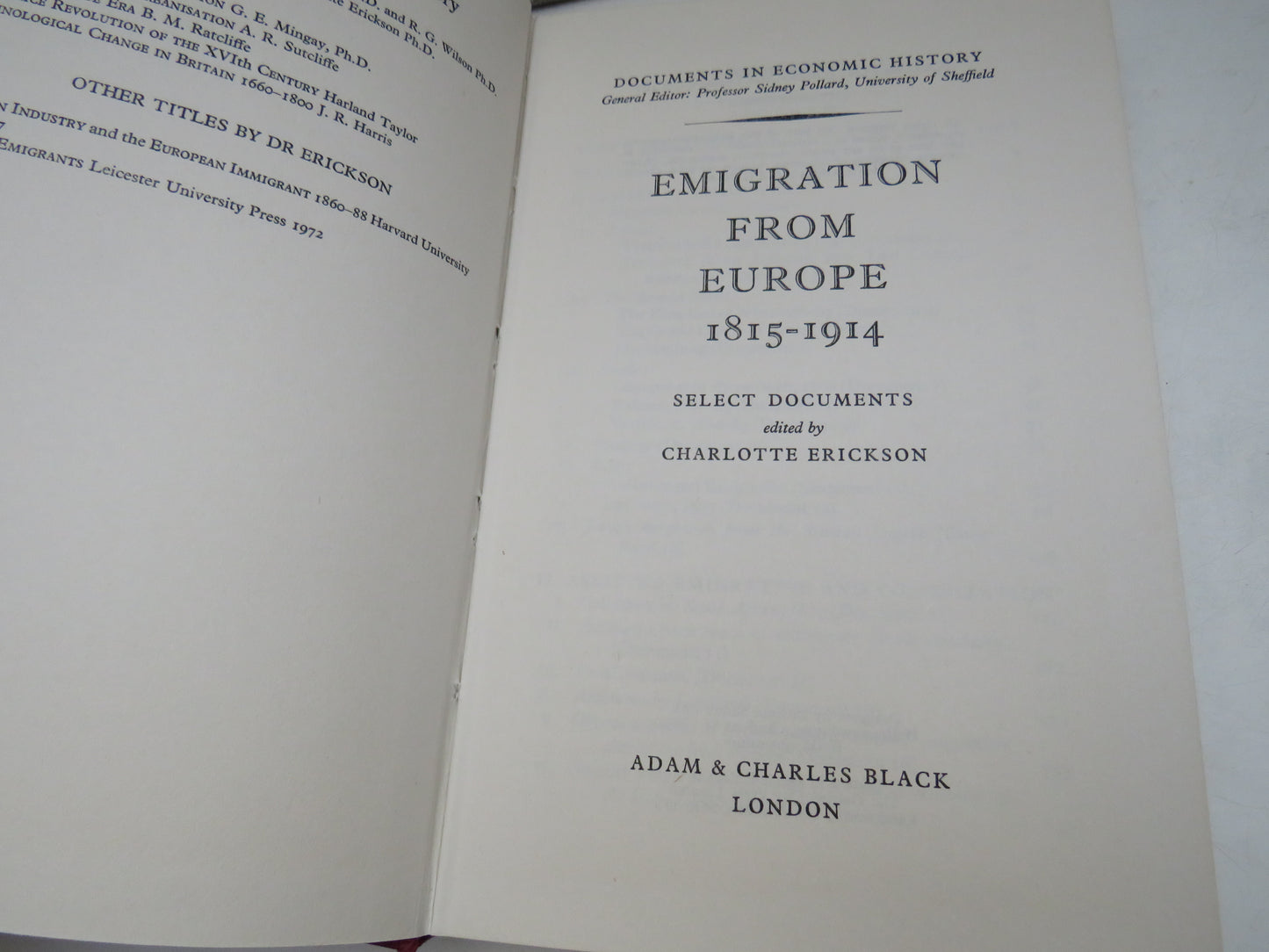 Emigration From Europe 1815-1914 Select Documents Edited By Charlotte Erickson 1976