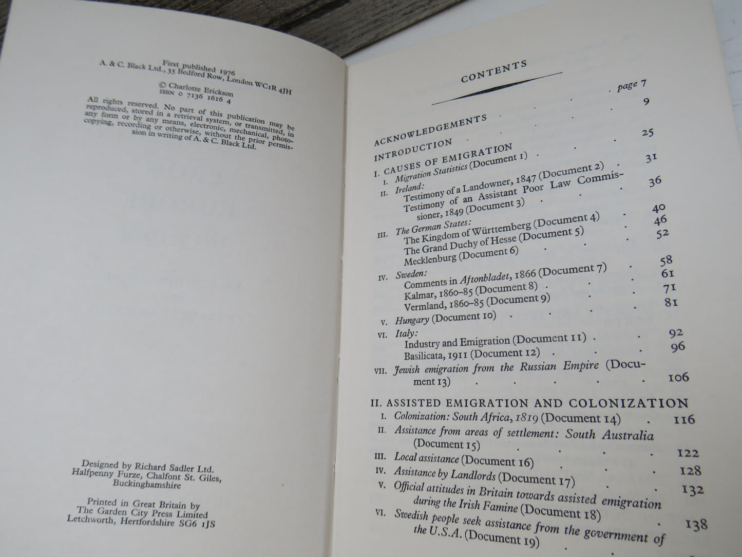 Emigration From Europe 1815-1914 Select Documents Edited By Charlotte Erickson 1976