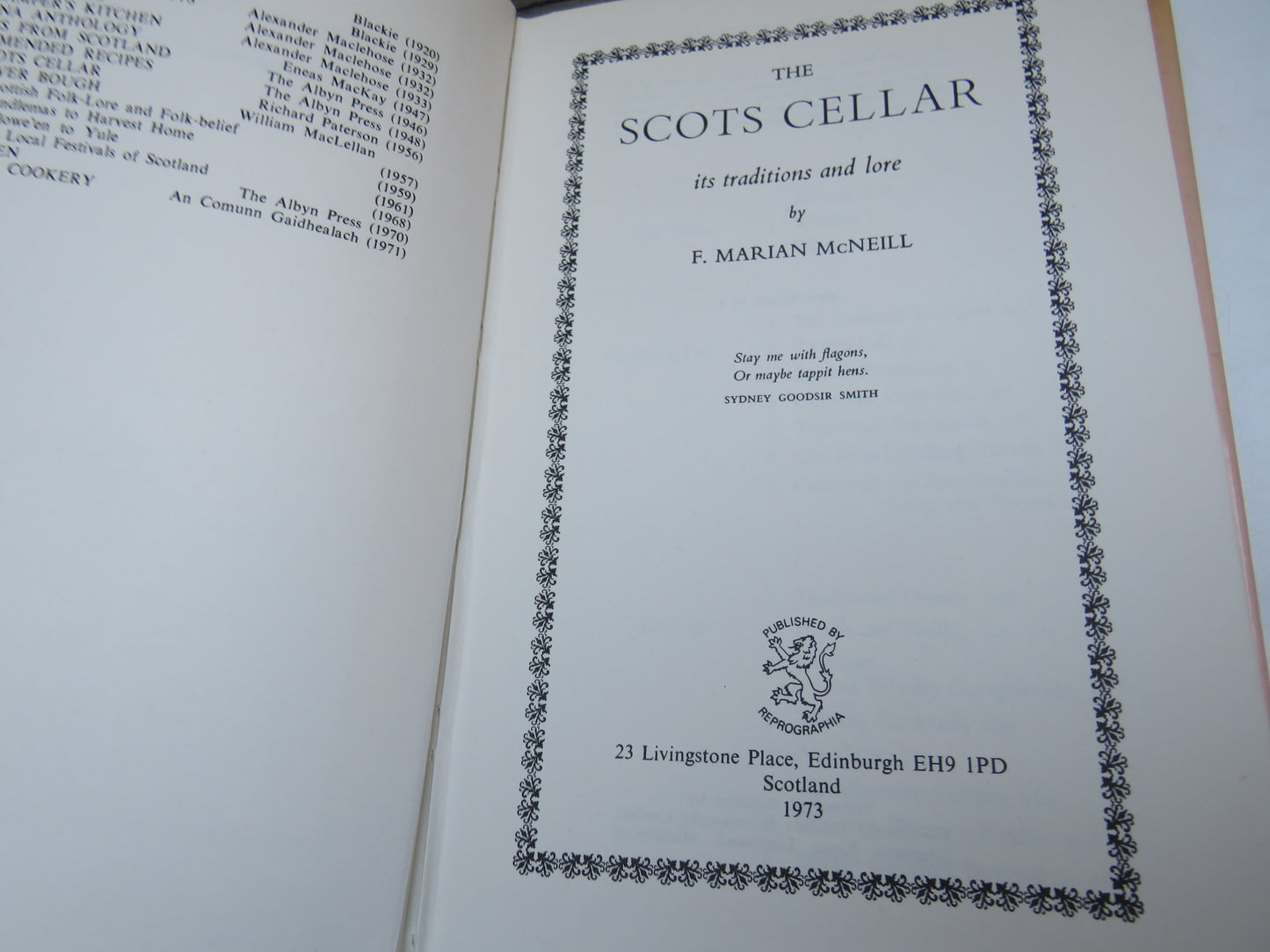 The Scots Cellar Its Traditions and Lore by F. Marian McNeill 1973