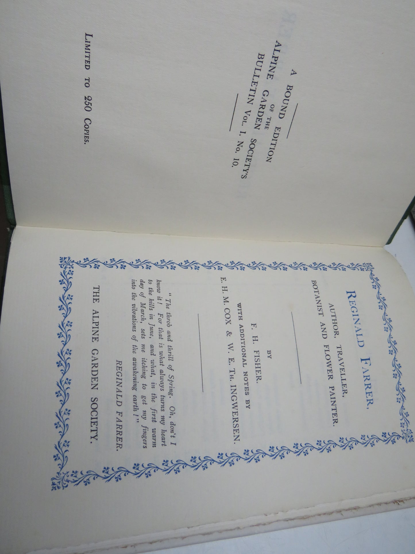 Reginald Farrer, Author, Traveller, Botanist and Flower Painter, by F. H. Fisher, Limited Edition