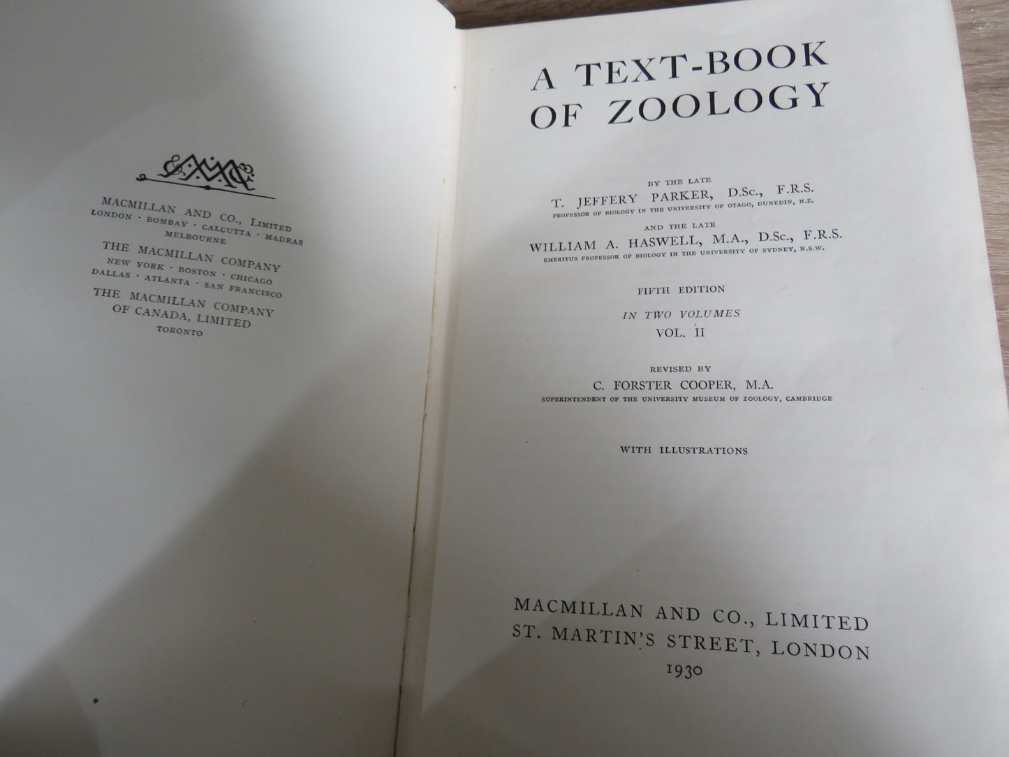 A Text-Book Of Zoology By T. Jefferey Parker and William A. Haswell Vol I & II 1910 & 1930