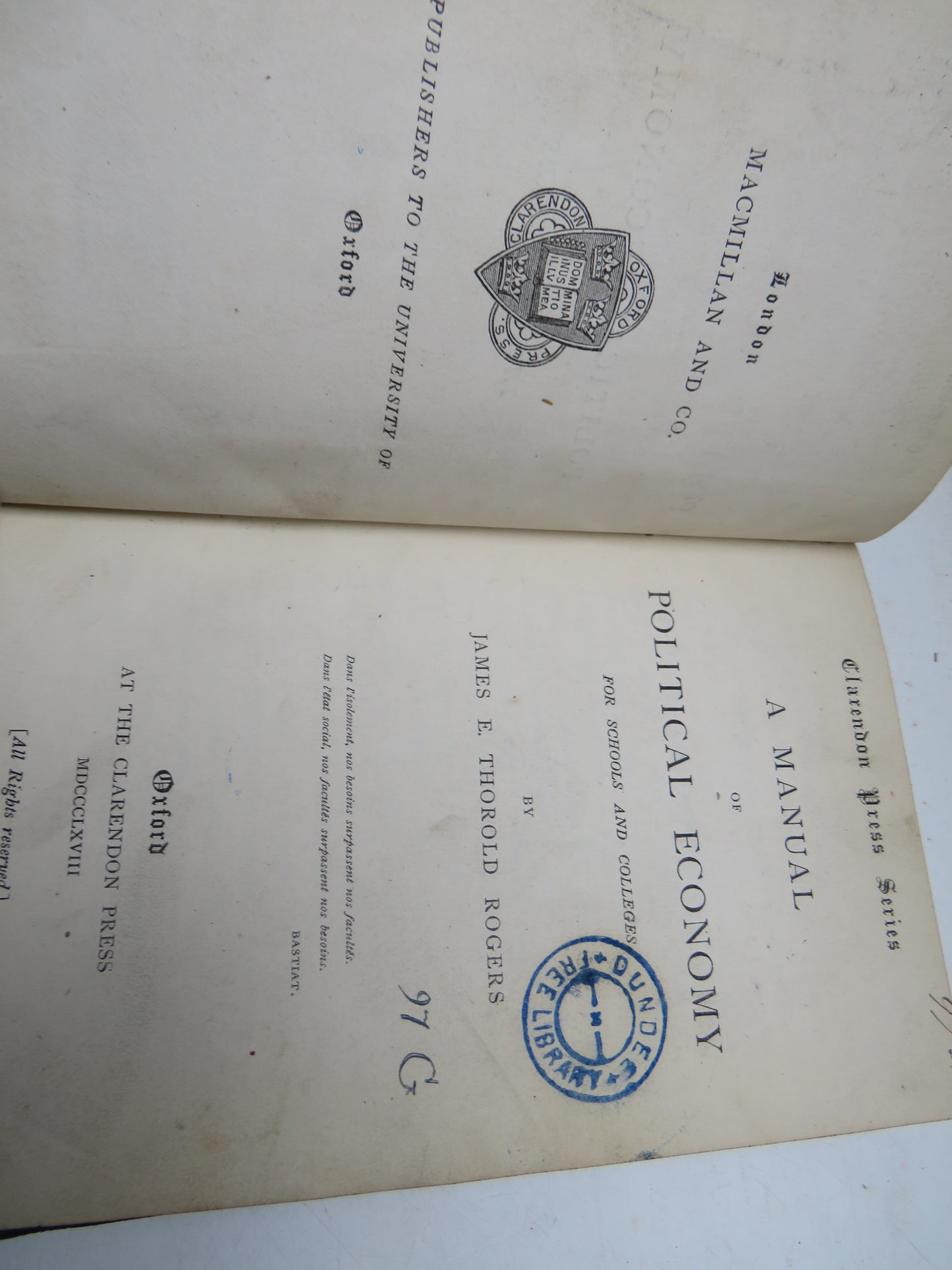 A Manual of Political Economy For Schools and Colleges By James E. Thorold Rogers 1868