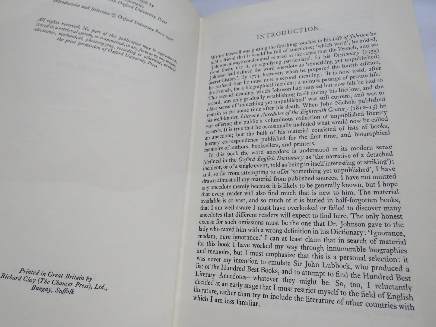 The Oxford Book of Literary Anecdotes Edited By James Sutherland 1976, Vintage Book