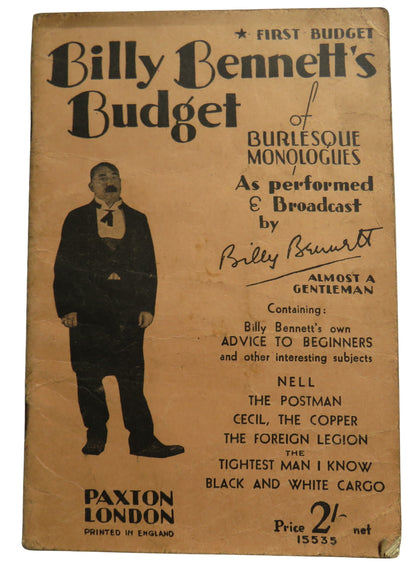 Billy Bennett's First Budget of Burlesque Monologues By Billy Bennett book front cover