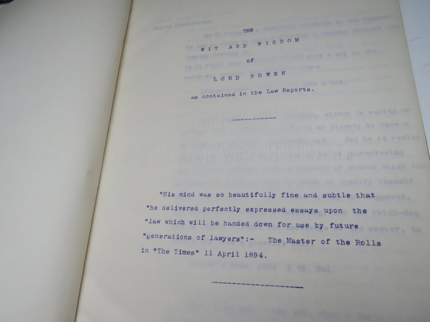 The Wit and Wisdom of Lord Bowen as Contained In The Law Reports With Letter From James Bryce House of Commons