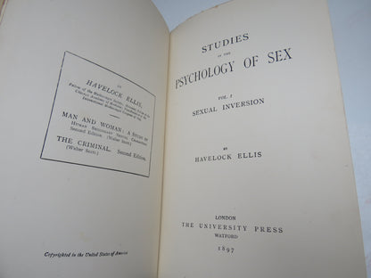 Studies in the Psychology of Sex, Vol I, Sexual Inversion by Havelock Ellis, 1897, First Edition book image 3
