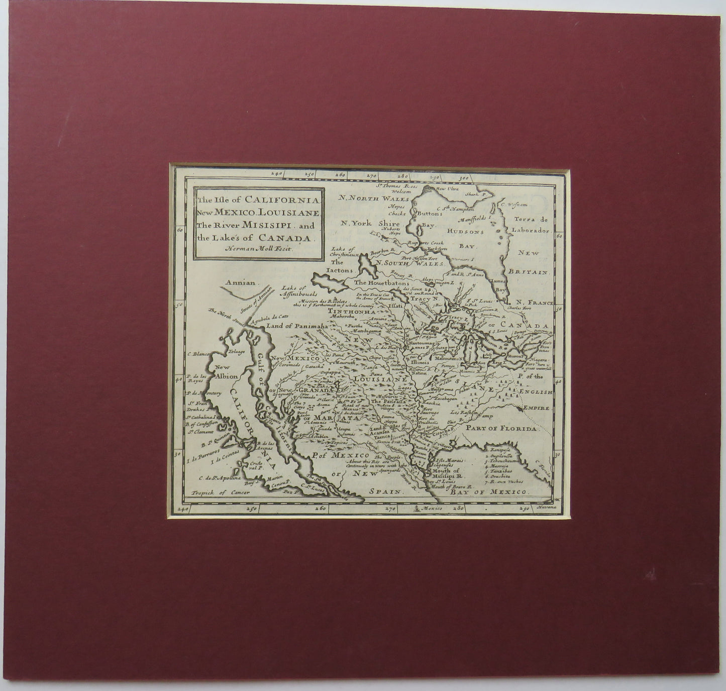 Antique Map of America From 1709 Book Isle of California, New Mexico, Louisiane, The River Misisipi and The Lake's of Canada Herman Mol Fecit