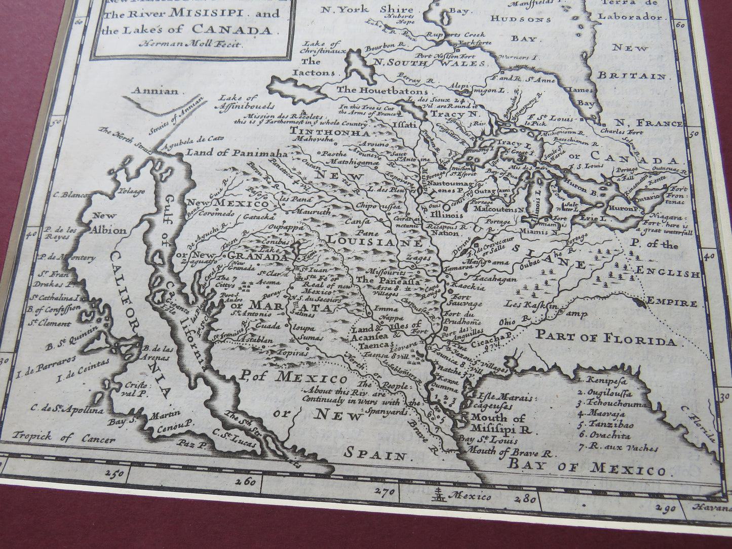 Antique Map of America From 1709 Book Isle of California, New Mexico, Louisiane, The River Misisipi and The Lake's of Canada Herman Mol Fecit