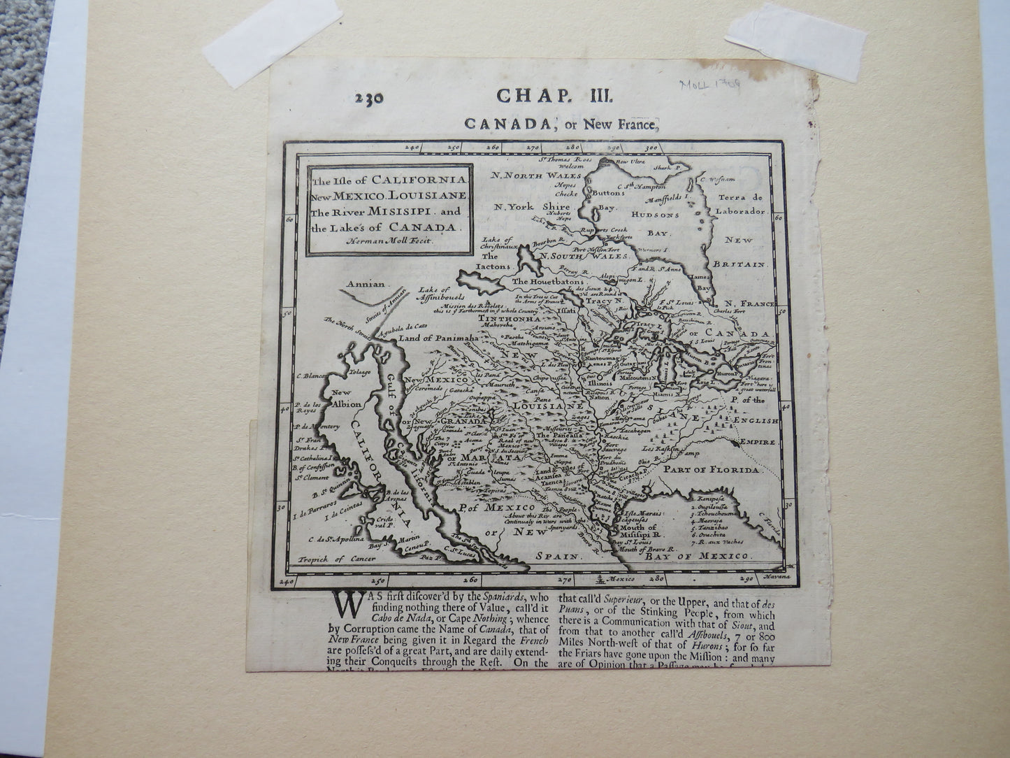 Antique Map of America From 1709 Book Isle of California, New Mexico, Louisiane, The River Misisipi and The Lake's of Canada Herman Mol Fecit