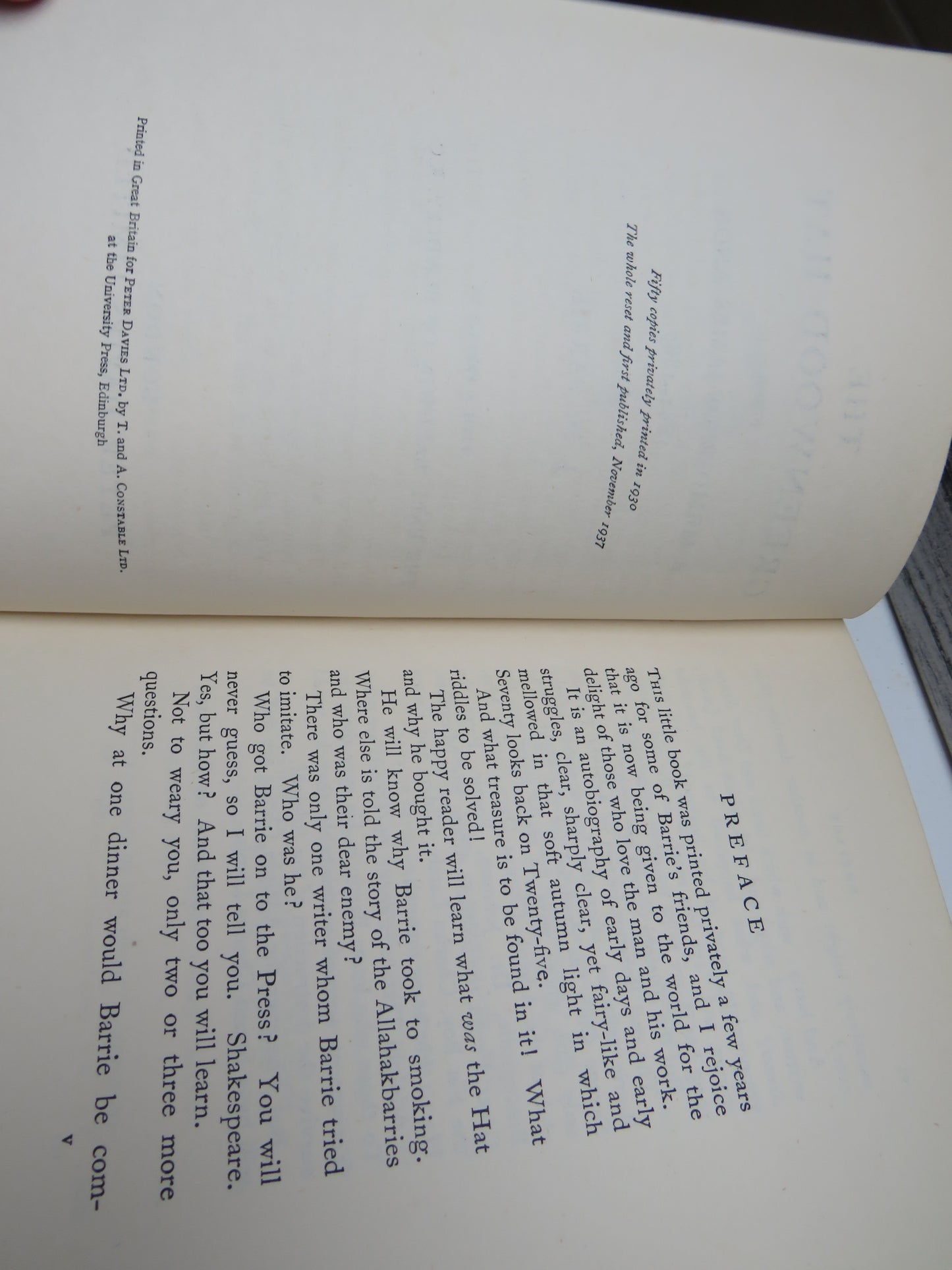 The Greenwood Hat Being a Memoir of James Anon 1885-1887 By J. M. Barrie 1937