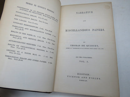 Narrative and Miscellaneous Papers By Thomas De Quincey Vol I 1854