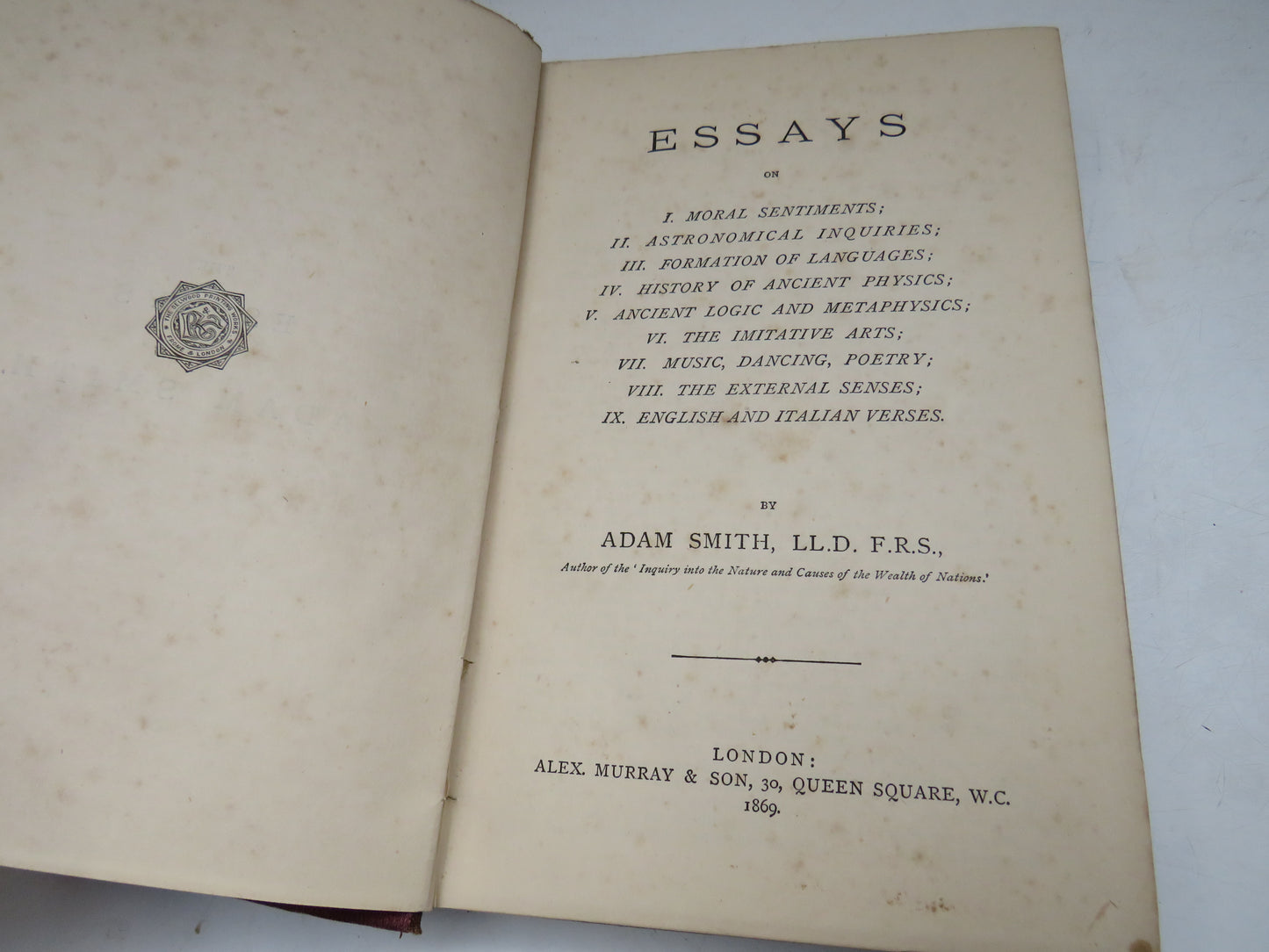 Essays On I. Moral Sentiments; II. Astronomical Inquiries; III. Formation of Languages; IV. History of Ancient Physics; V. Ancient Logic and Metaphysics; VI. The Imitative Arts; VII. Music, Dancing Poetry;   By Adam Smith 1869