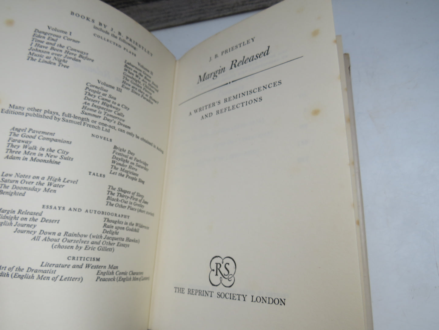 Margin Released A Writer's Reminiscences and Reflections By J.B. Priestley 1963