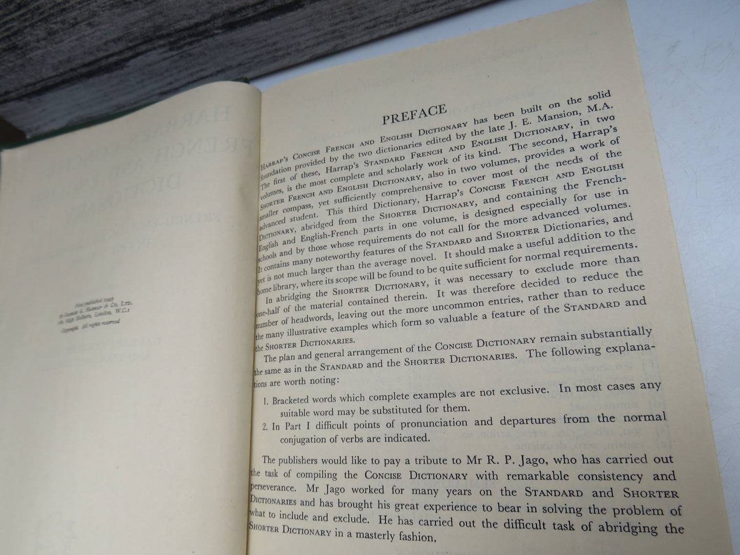 Harrap's Concise French and English Dictionary French-English, English-French In One Volume Abridged By R.P. Jago 1949
