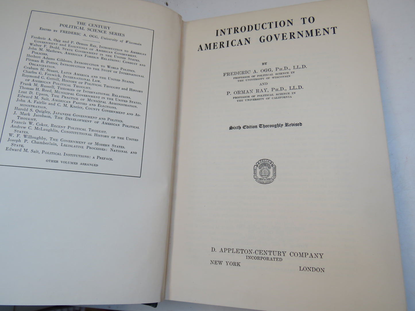 Introduction To American Government By Frederic A. Ogg and P. Orman 1938