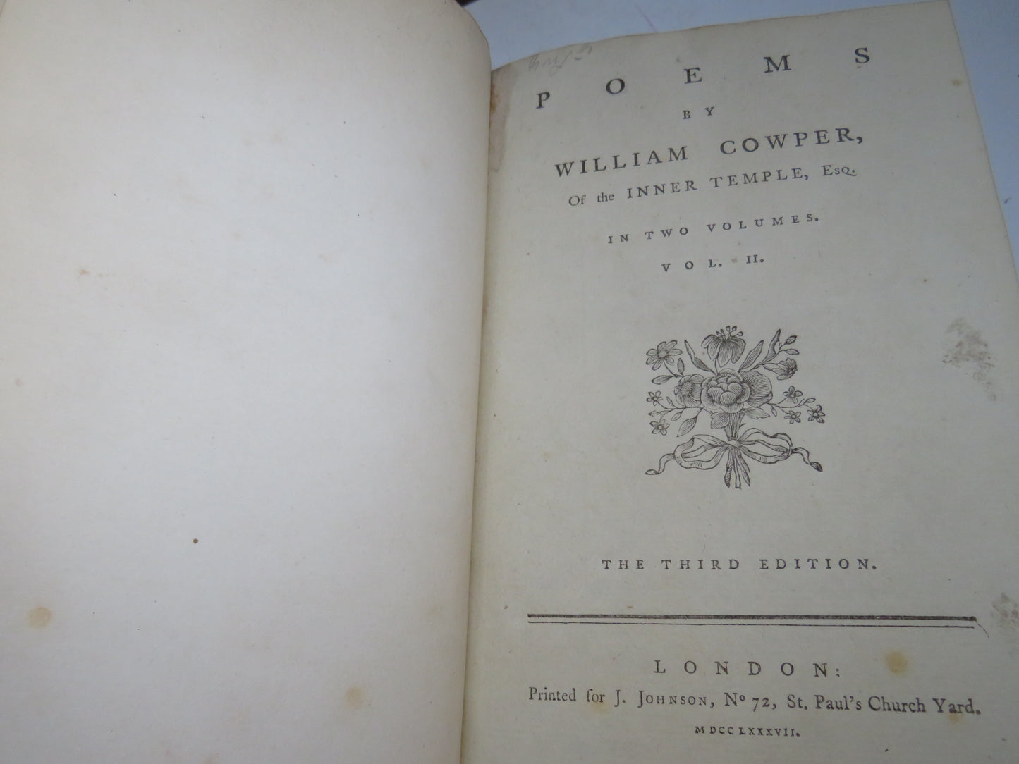 Poems By William Cowper, of the Inner Temple esq In 2 Volumes 1787