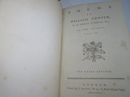 Poems By William Cowper, of the Inner Temple esq In 2 Volumes 1787