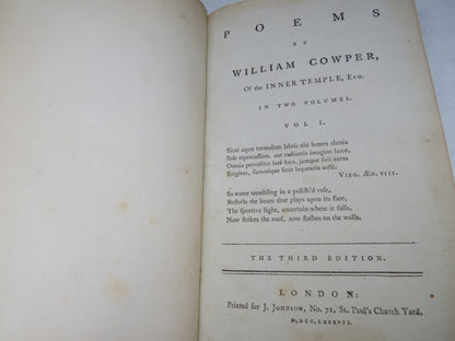 Poems By William Cowper, of the Inner Temple esq In 2 Volumes 1787