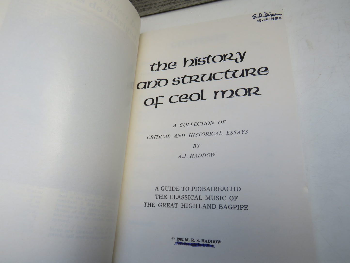 The History and Structure of Ceol Mor A Collection of Critical and Historical Essays By A. J. Haddow