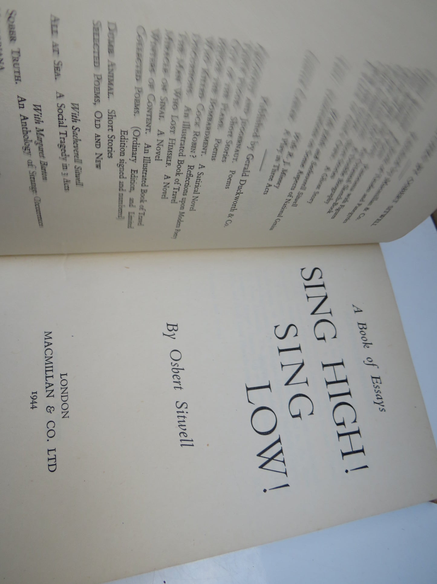 A Book of Essays, Sing High! Sing Low! by Osbert Sitwell, 1944