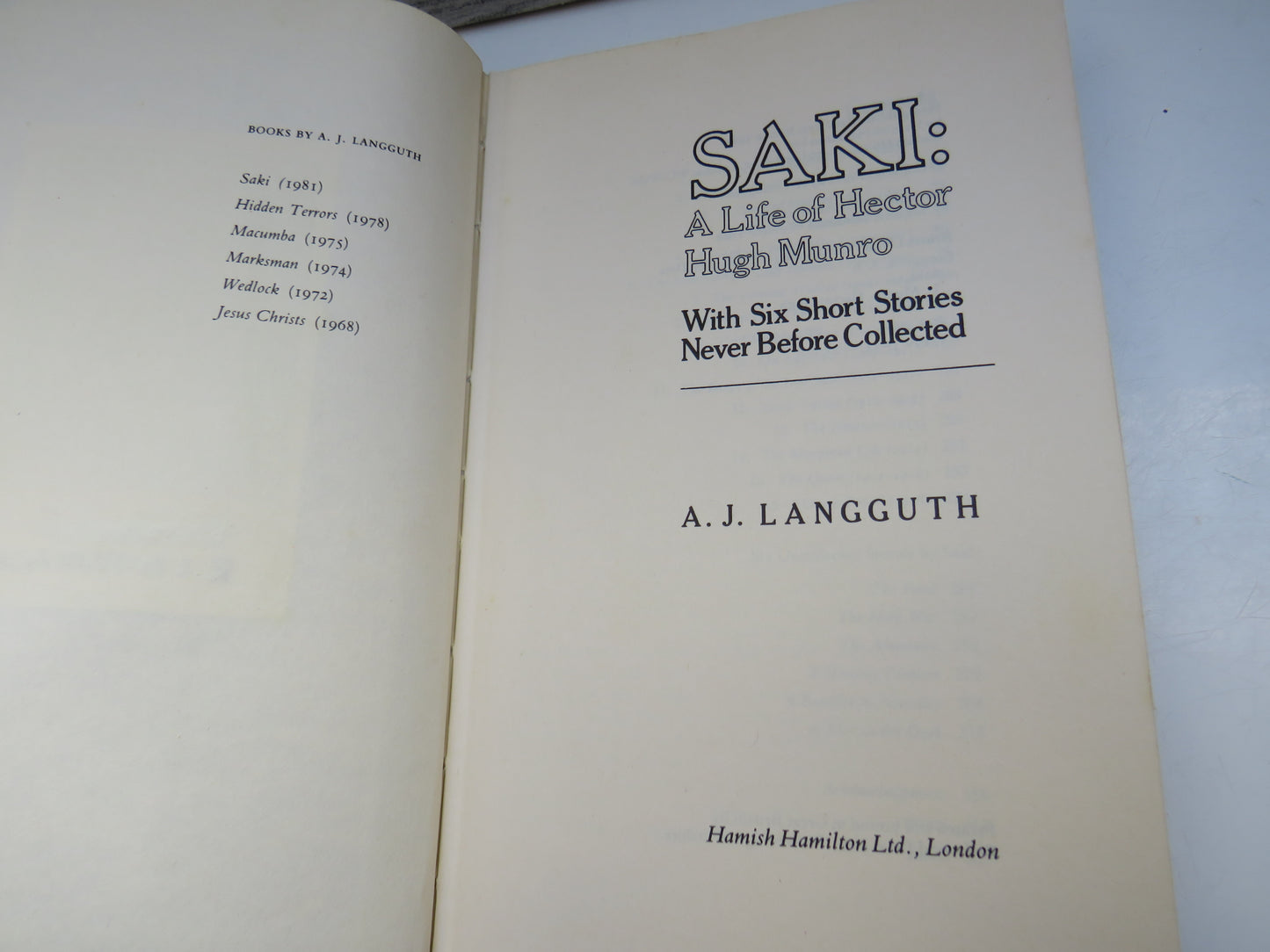 Saki: A Life of Hector Hugh Munro With Six Short Stories Never Before Collected By A. J. Langguth 1981