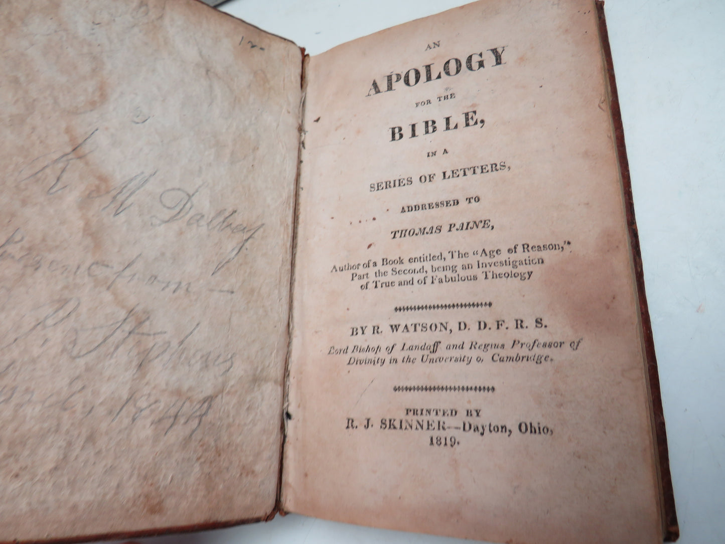 An Apology For The Bible In A Series of Letters Addressed To Thomas Paine By R. Watson 1819