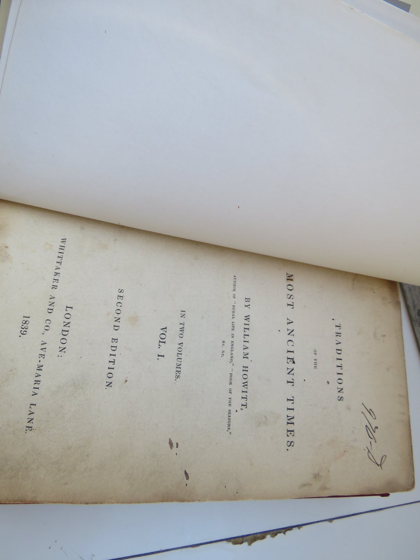 Traditions Of the Most Ancient Times By William Howitt In 2 Volumes 1839