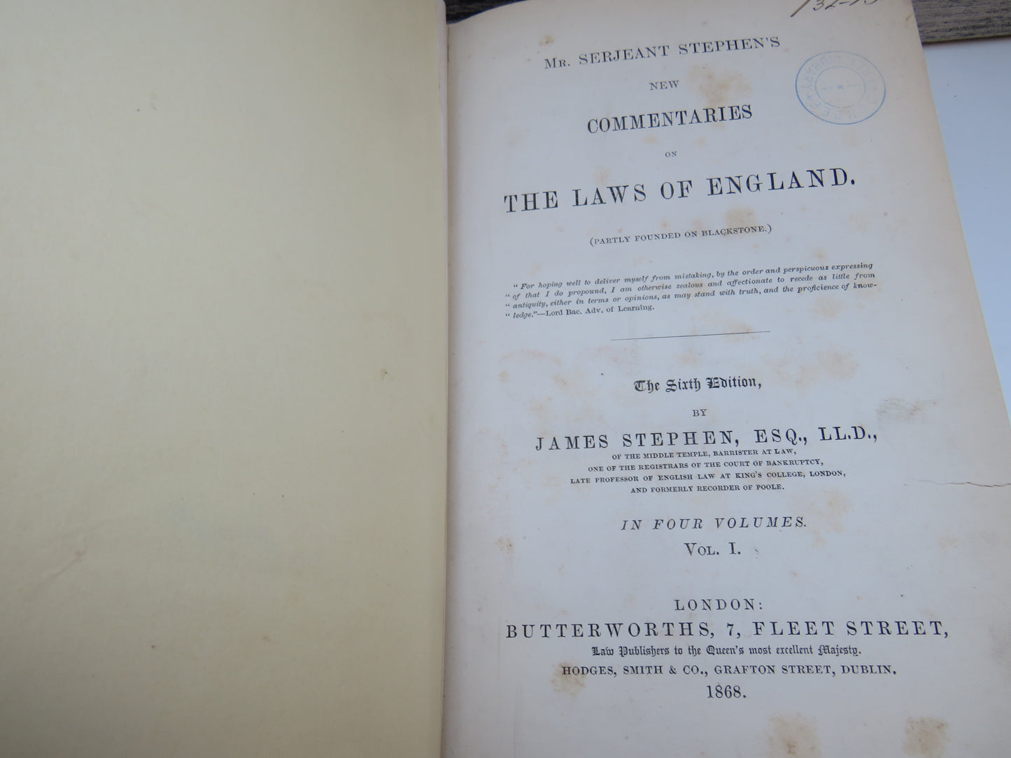 Mr. Serjeant Stephen's New Commentaries On The Laws of England By James Stephen Vol I 1868