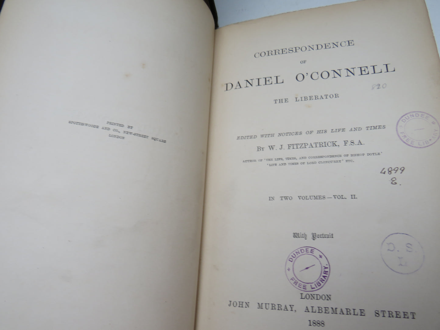 Correspondence of Daniel O'Connell The Liberator By W.J. Fitzpatrick 1888 2 Volumes
