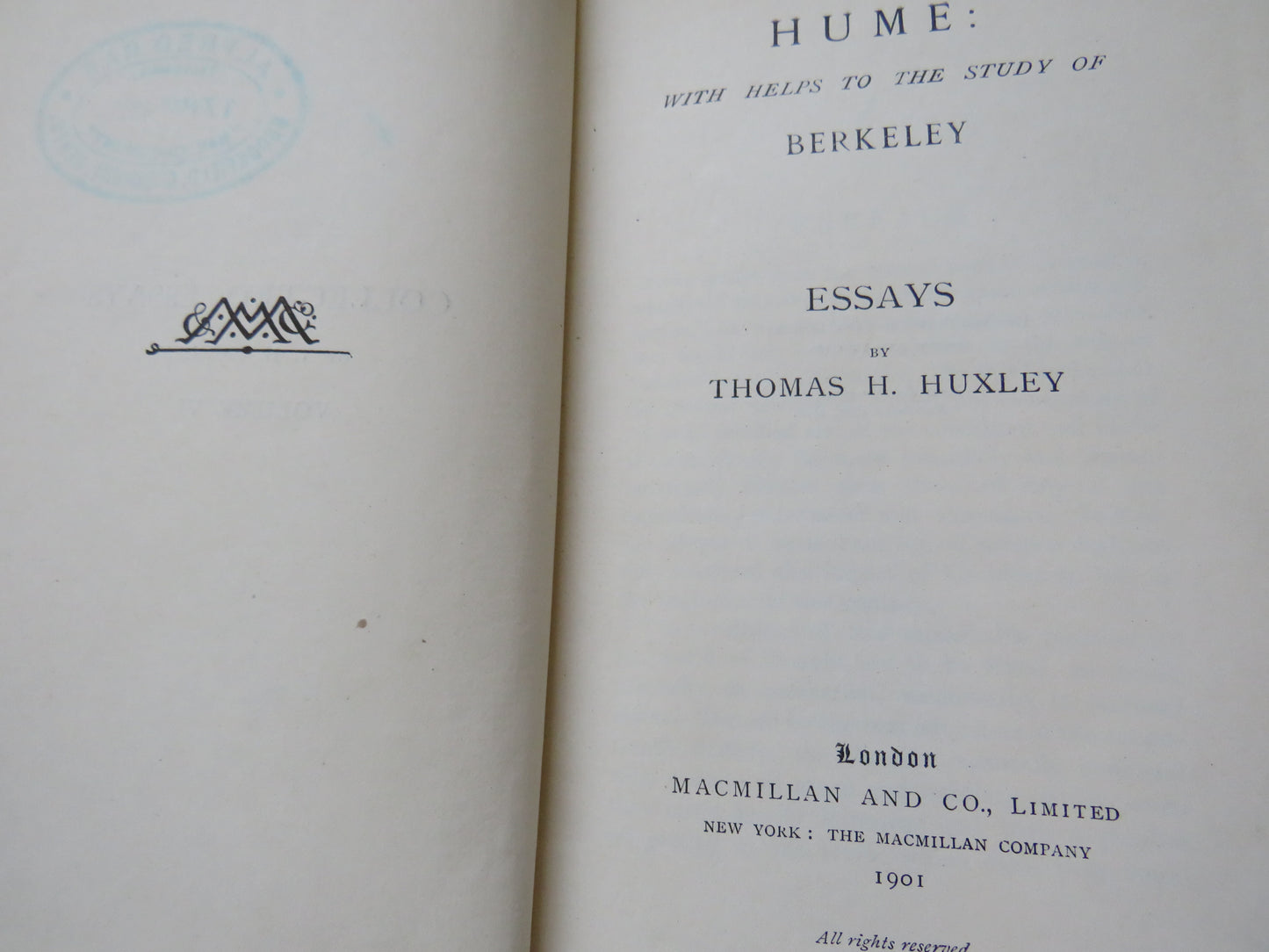 Hume: With Helps To The Study of Berkeley Essays By Thomas H. Huxley 1901