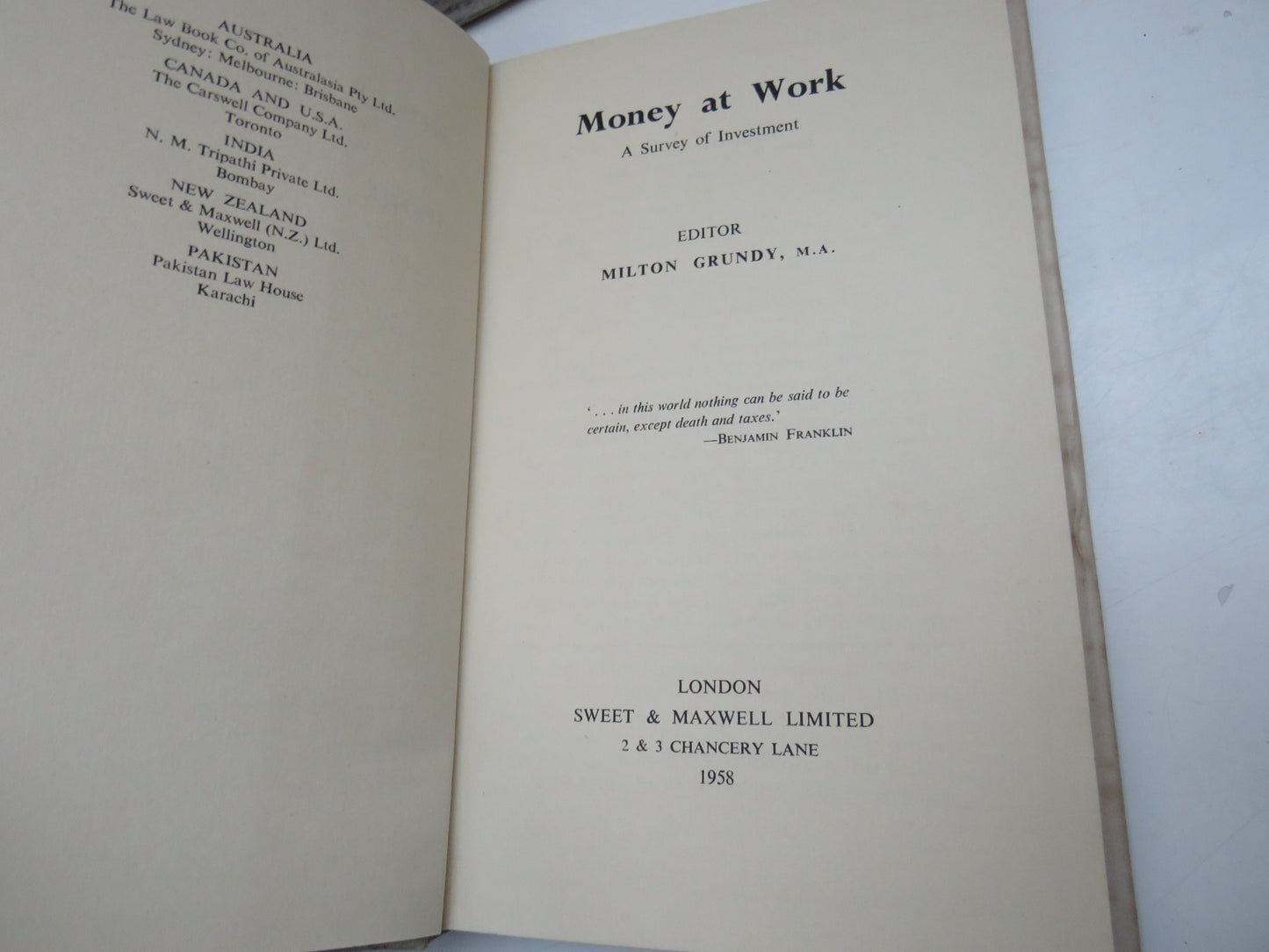 Money At Work A Survey of Investment Editor Milton Grundy 1958