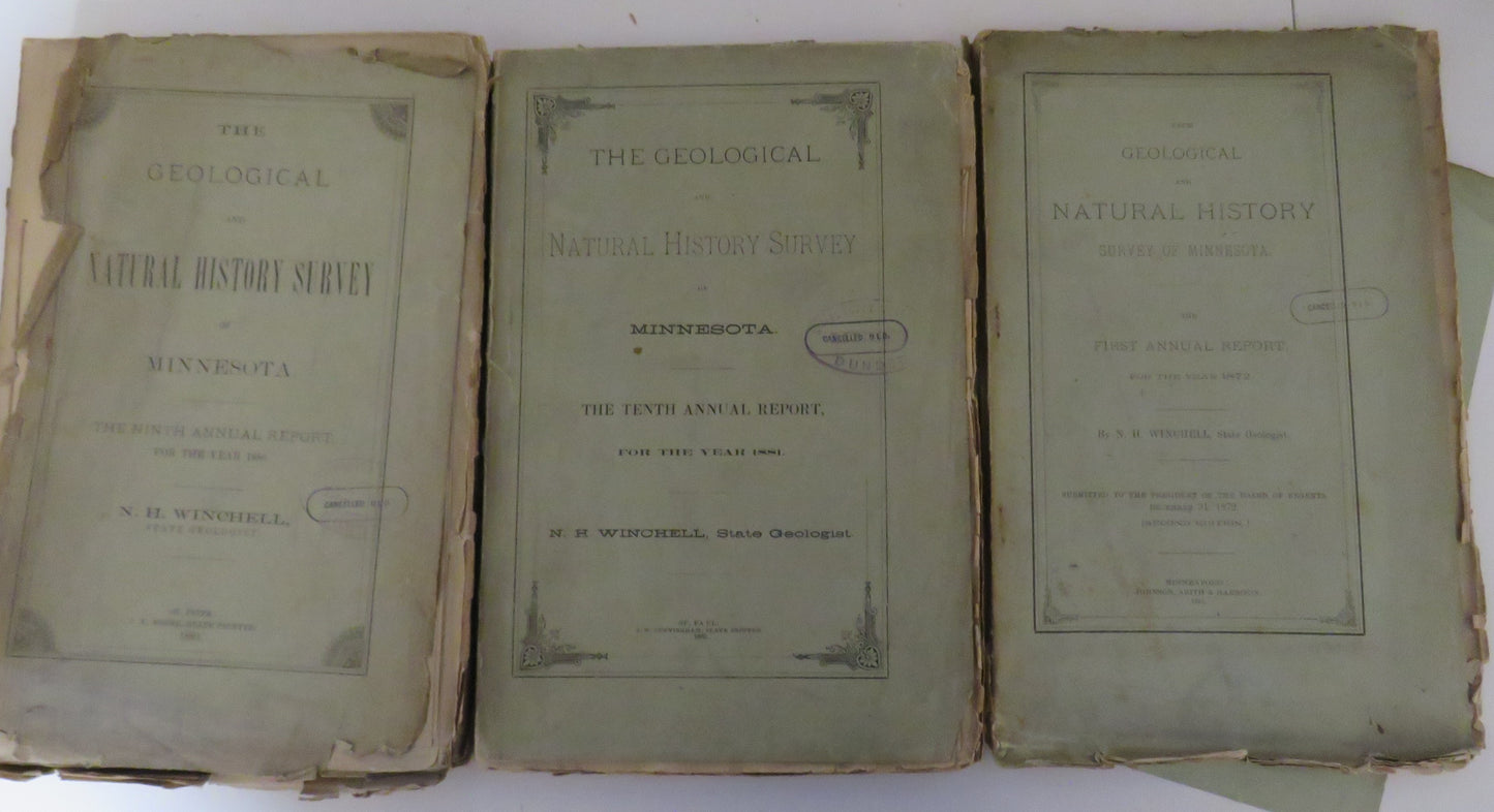 The Geological and Natural History, Survey of Minnesota, by N. H. Winchell, 3 Volumes - First, Ninth, and Tenth Annual Report