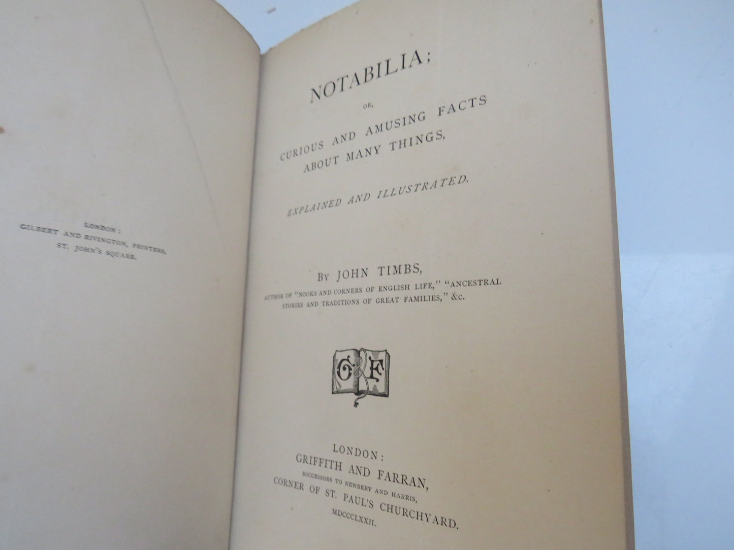 Notabilia or Curious and Amusing Facts About Many Things, Explained and Illustrated by John Timbs, 1872