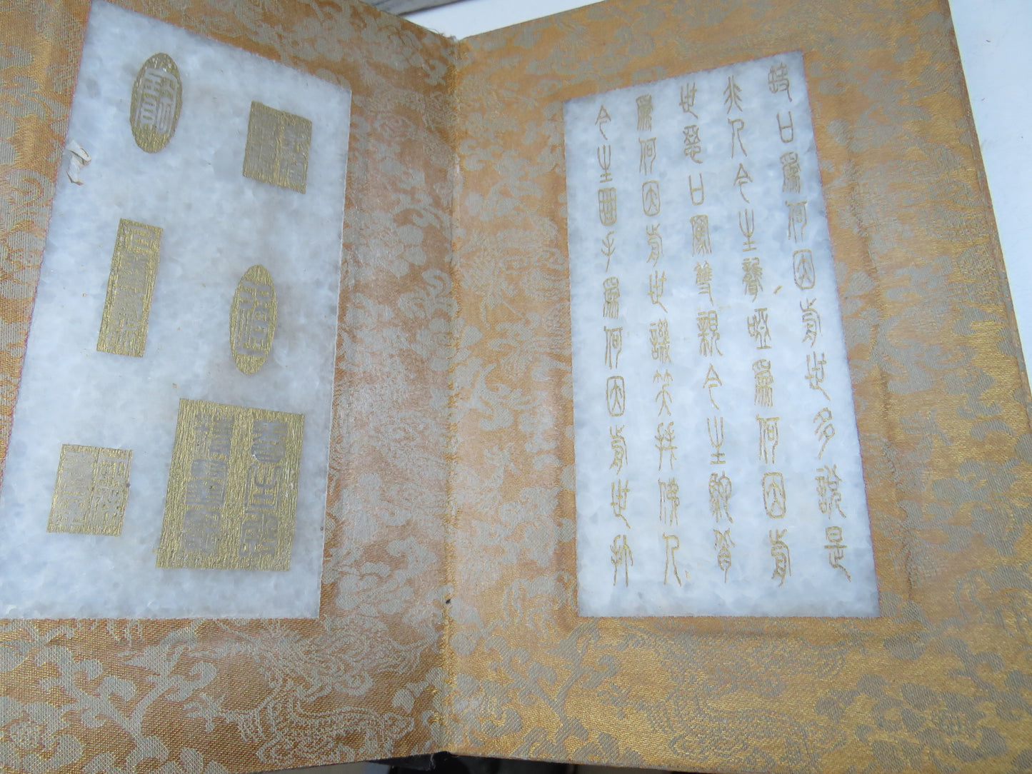 Vintage Chinese Buddhist Prayer Book With 8 White Jade Panels
