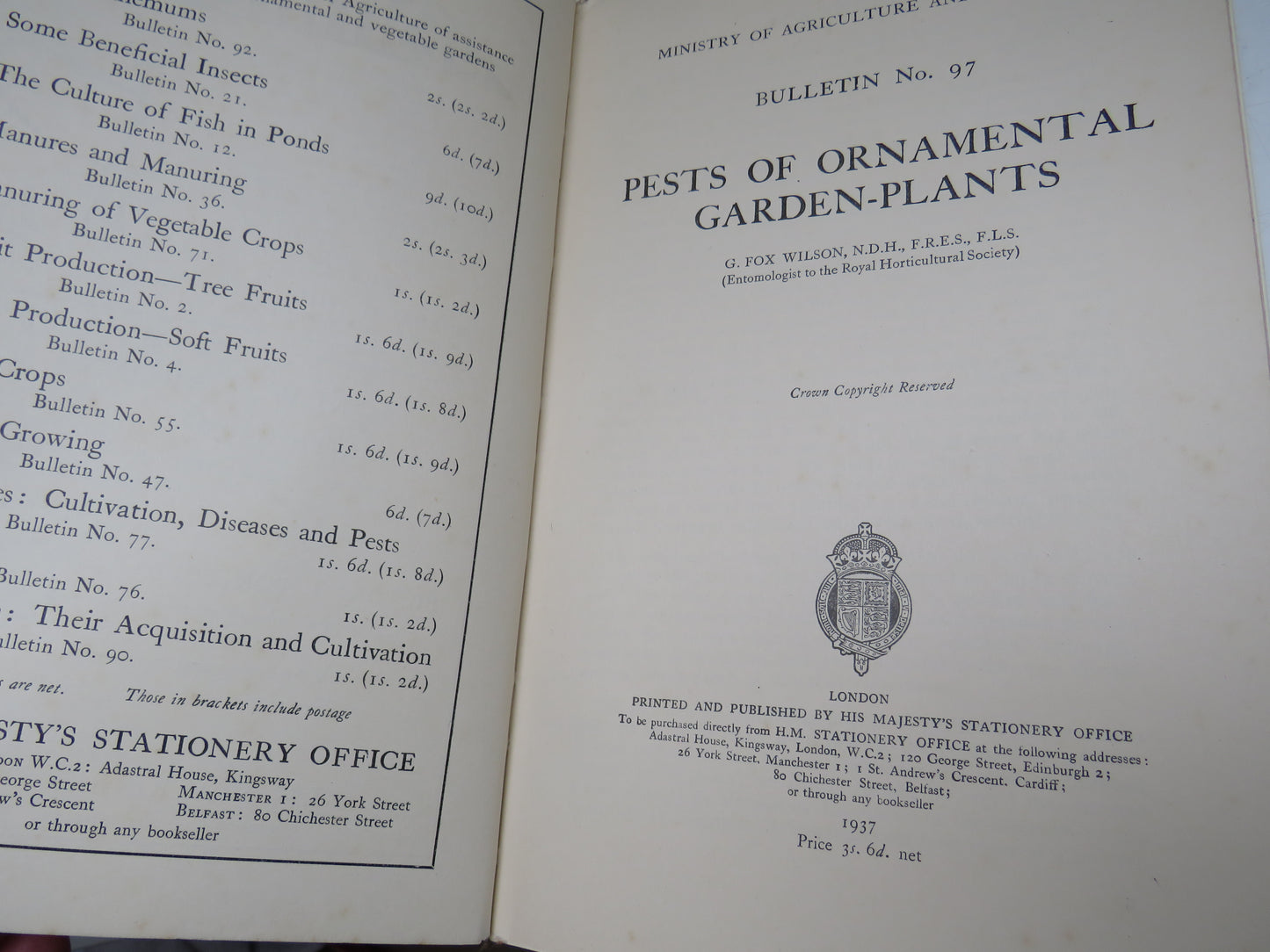 Pests of Ornamental Garden-Plants, Bulletin No. 97, G. Fox Wilson, 1937, Vintage Garden Book