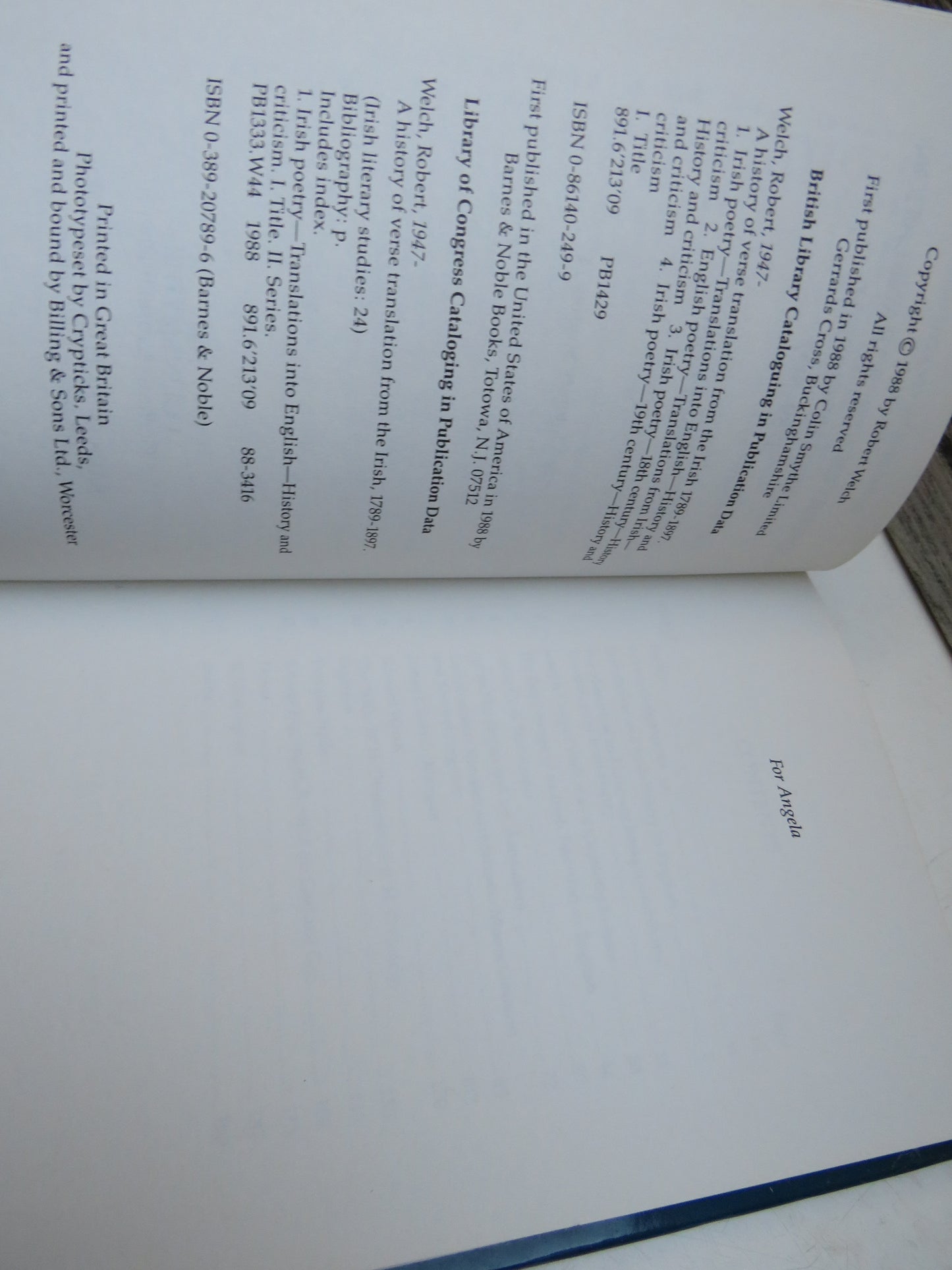 A History of Verse Translation From The Irish 1789-1897 By Robert Welch 1988