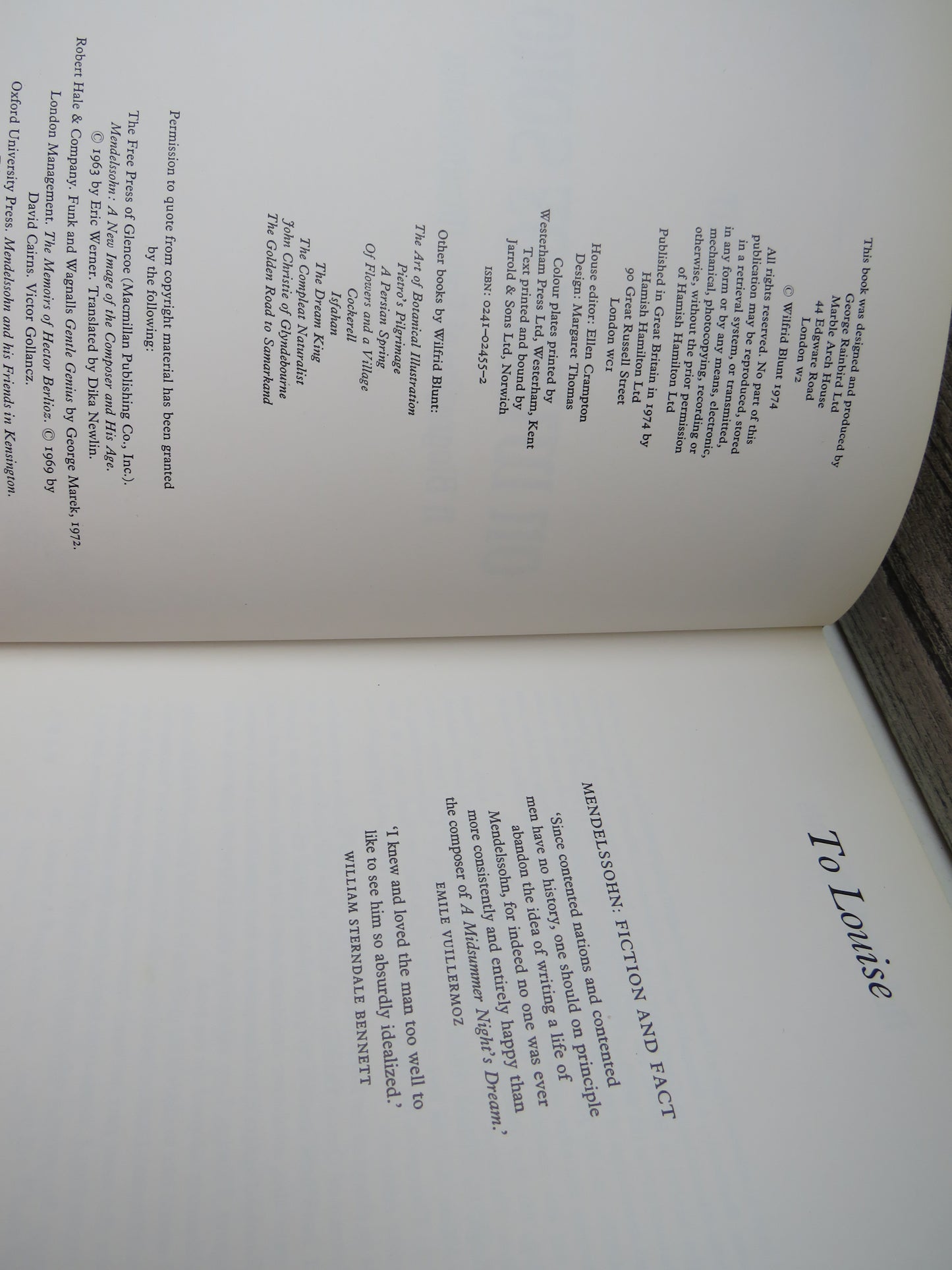 Wings of Song A Biography of Felix Mendelssohn By Wilfrid Blunt 1974