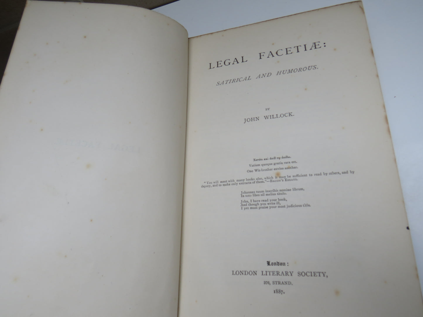 Legal Facetiae Satirical and Humorous By John Willock 1887