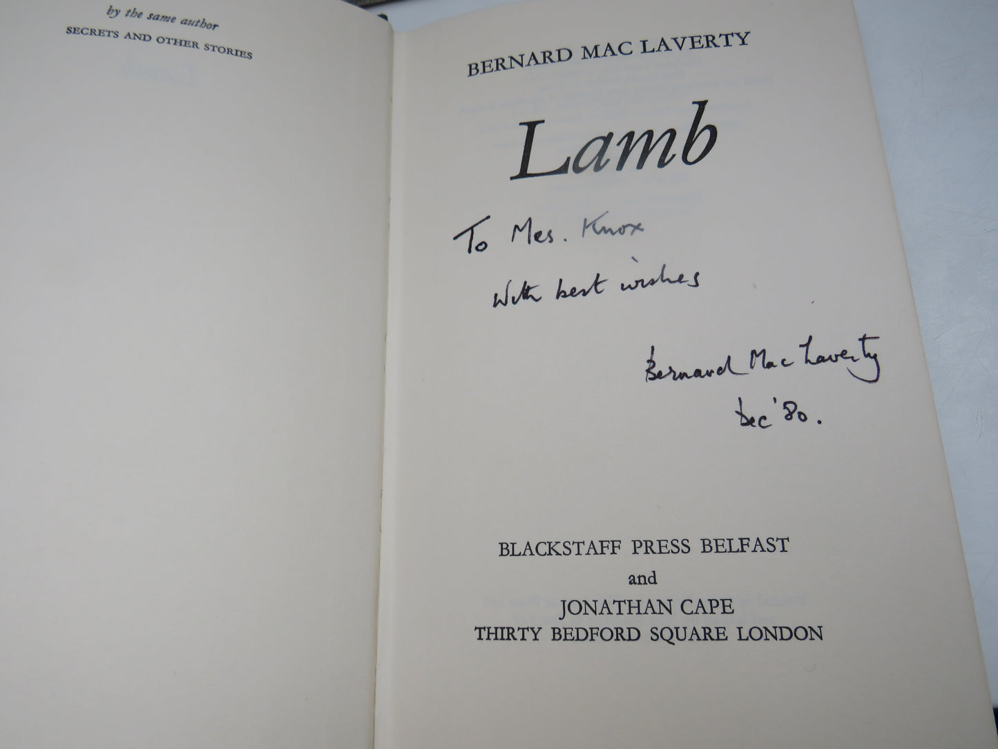 Lamb By Bernard Mac Laverty 1980 Author Signed