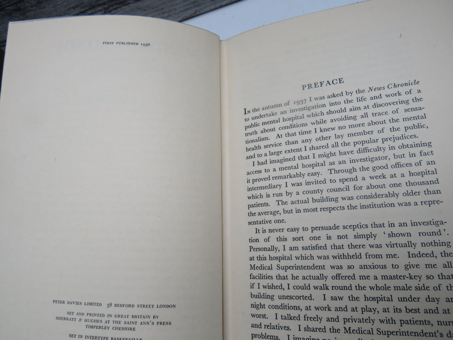 Mending Minds The Truth About Our Mental Hospitals BY Paul Winterton 1938 1st Edition