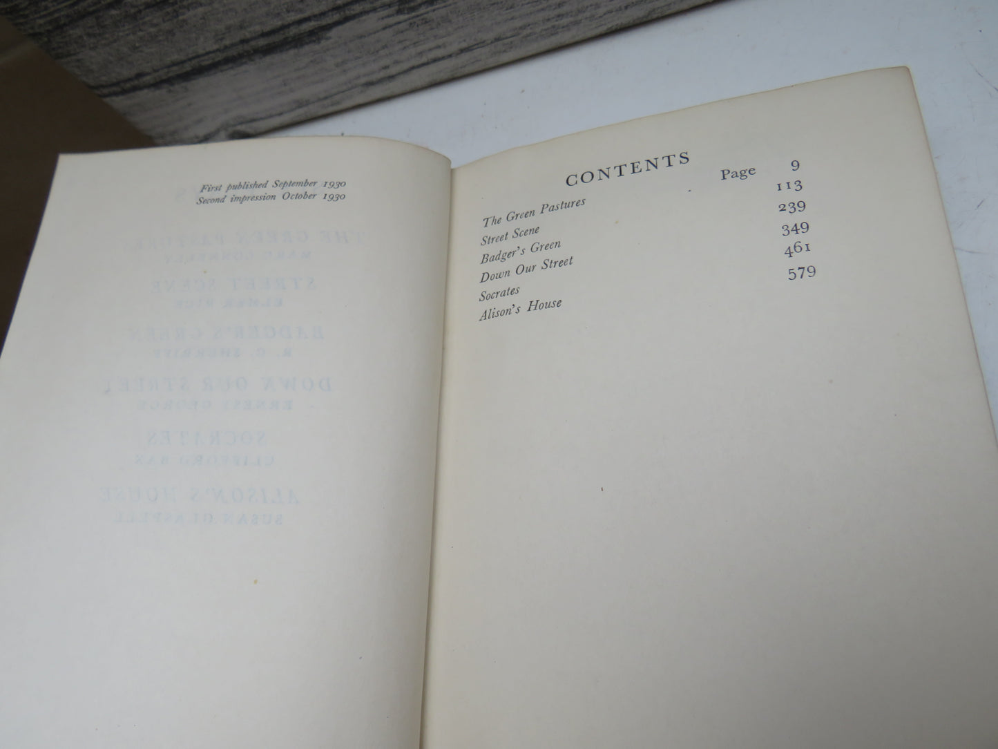 Six Plays The Green Pastures By Marc Connelly, Street Scene By Elmer Rice, Badger's Green By R.C. Sherriff, Down Our Street By Ernest George, Socrates By Clifford Bax, Alison's House By Susan Glaspell 1930