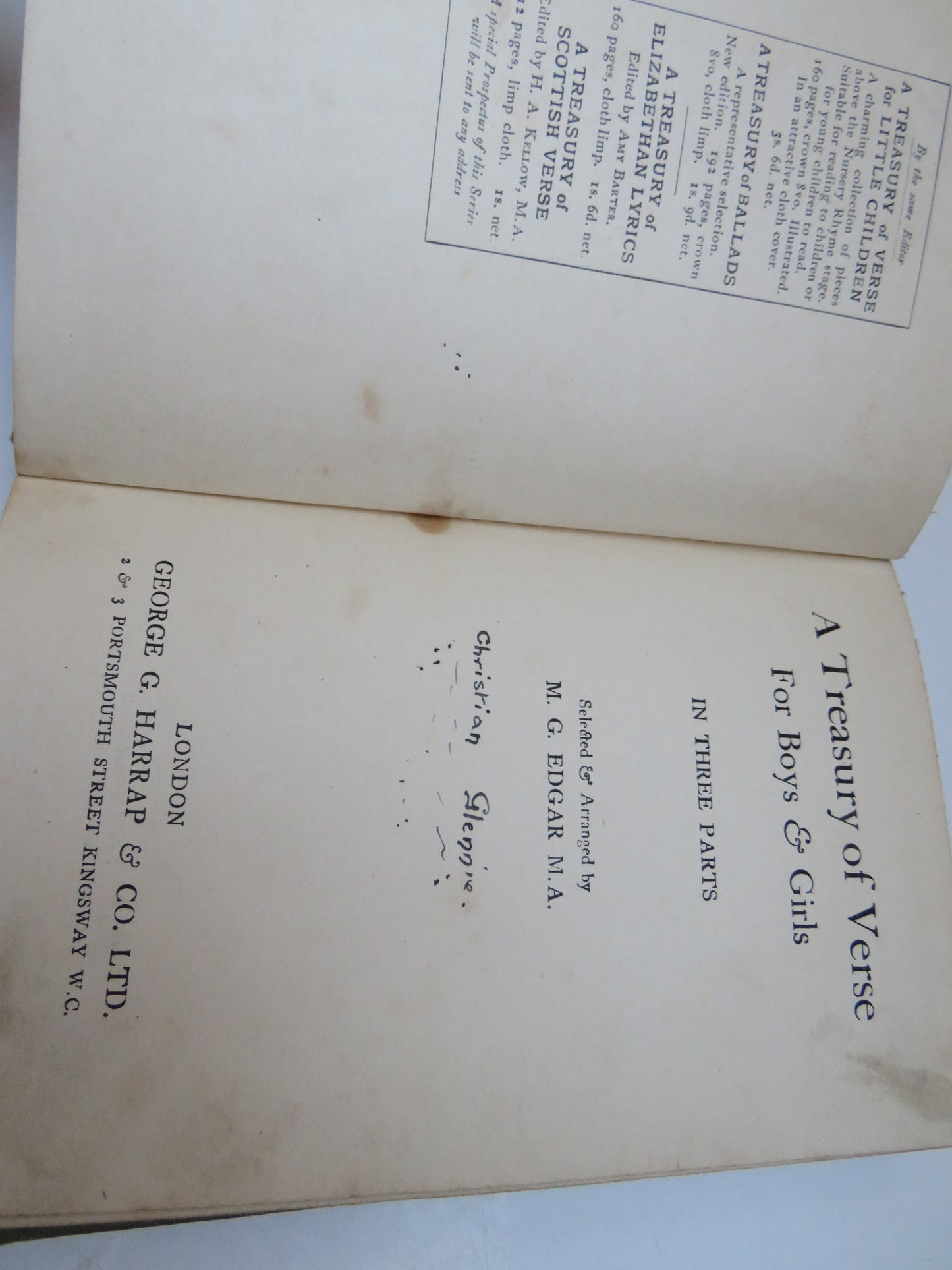 A Treasury of Verse For Boys & Girls In Three Parts Selected and Arranged By M.G. Edgar