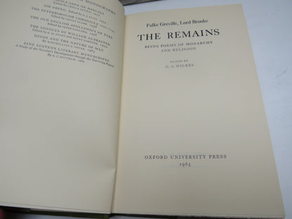 The Remains Being Poems of Monarchy and Religion By Fulke Greville, Lord Brooke 1965
