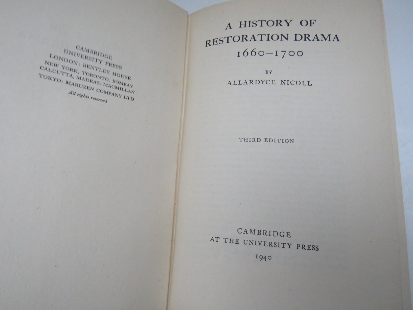 A History of Restoration Drama 1660-1700 By Allardyce Nicoll 1940